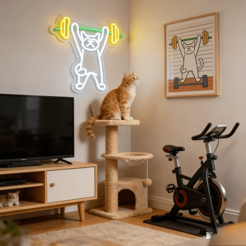 Cat Lifting Weights Neon Sign  - Home Gym Neon Sign reseña y precio