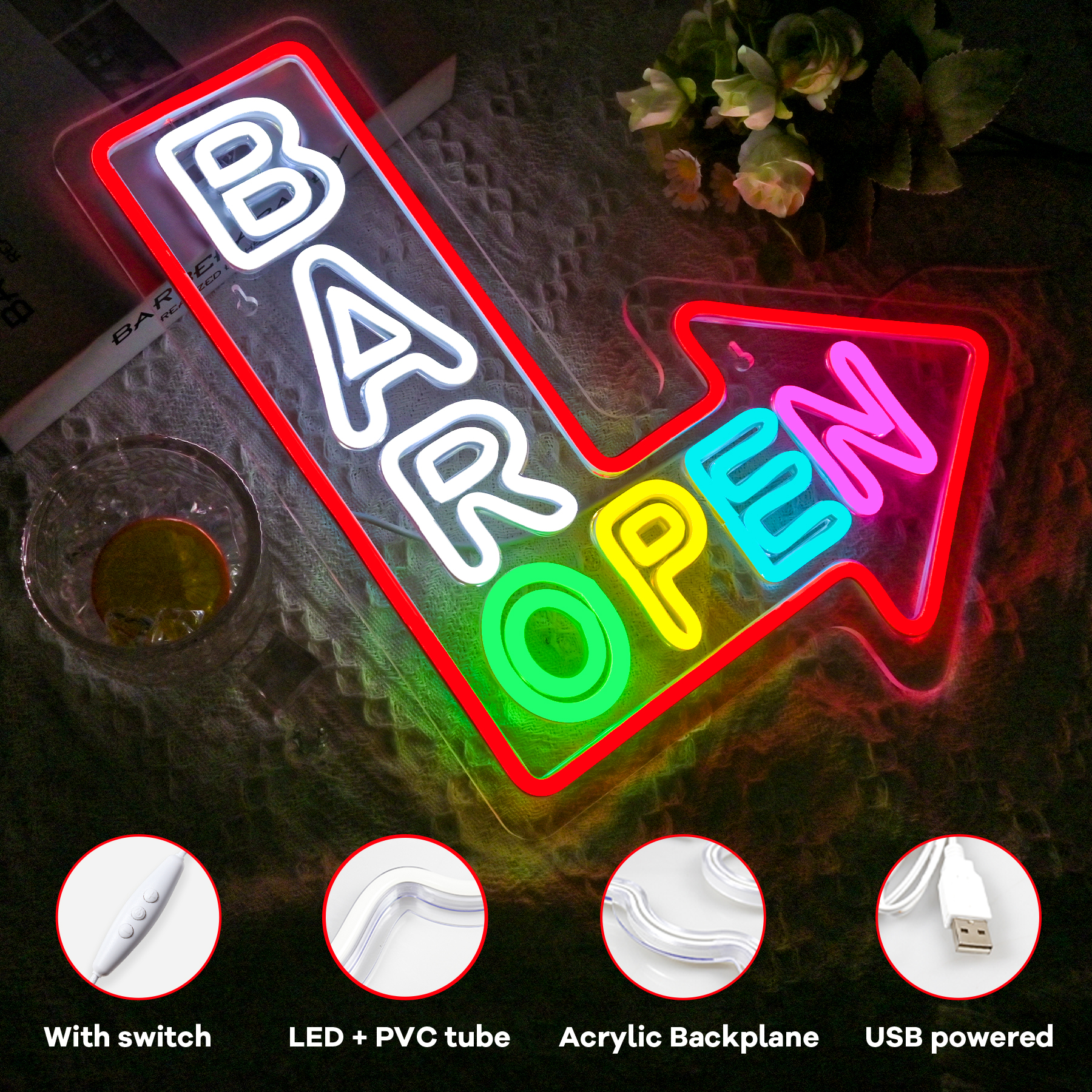 Bar Open Arrow Neon Sign Mix C - Home Gym Neon Sign reseña y precio